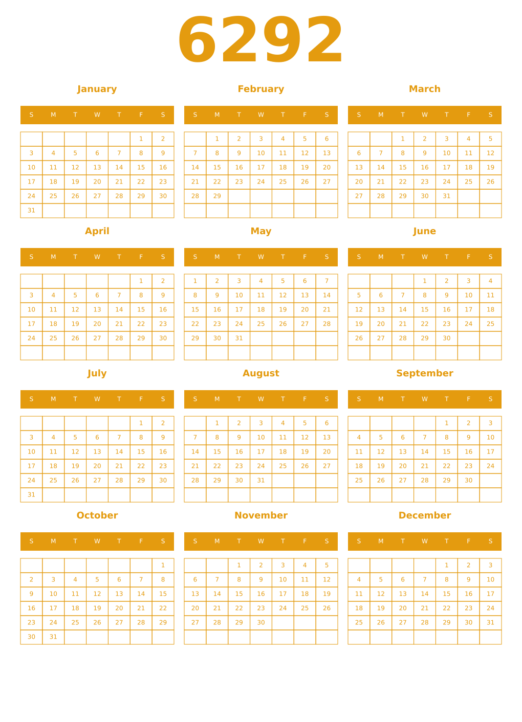 Printable 6292 Year Calendars gamboge