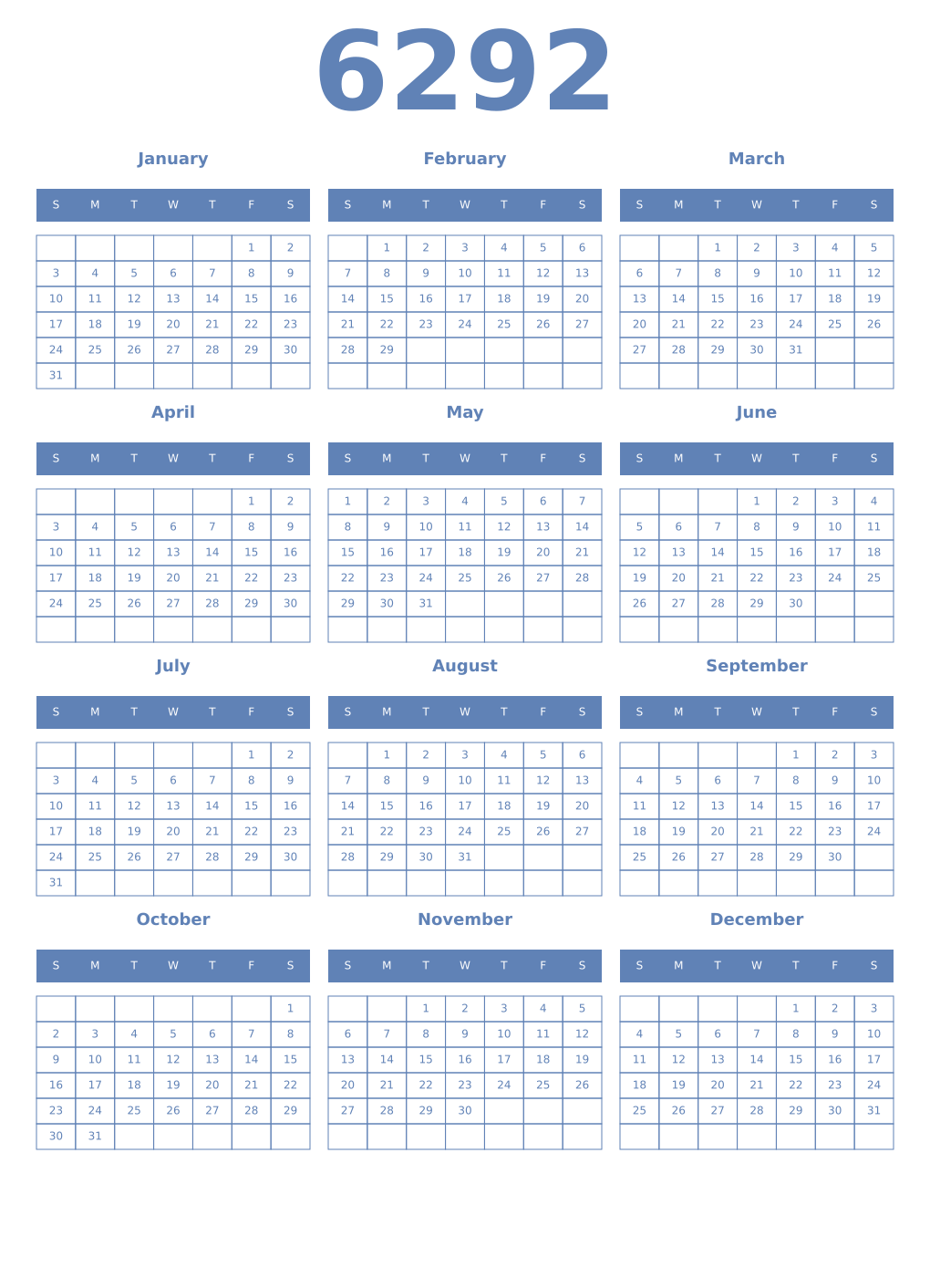 Printable 6292 Year Calendars glaucous