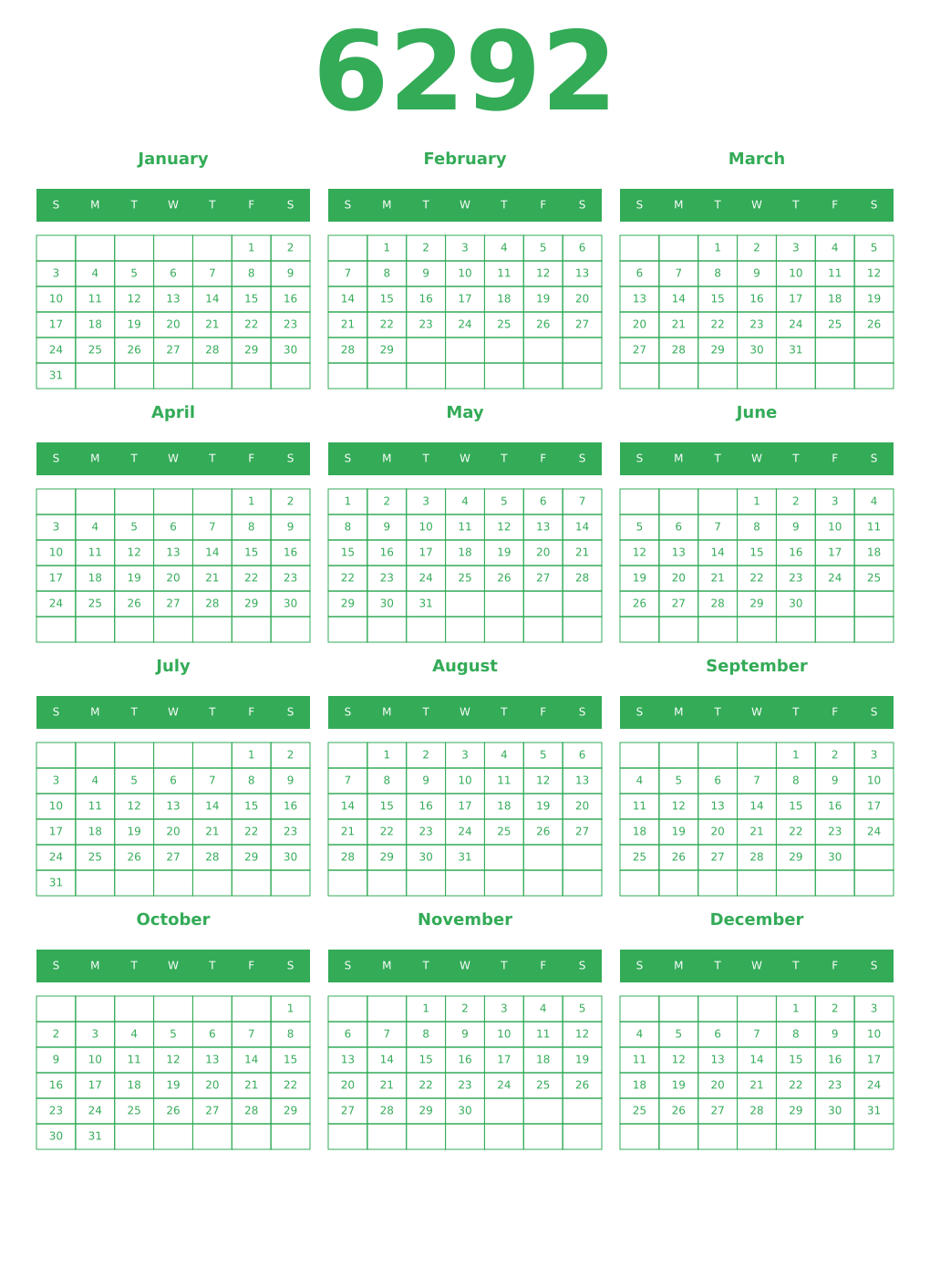 Printable 6292 Year Calendars green