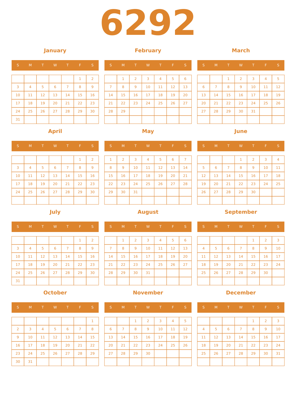 Printable 6292 Year Calendars orange