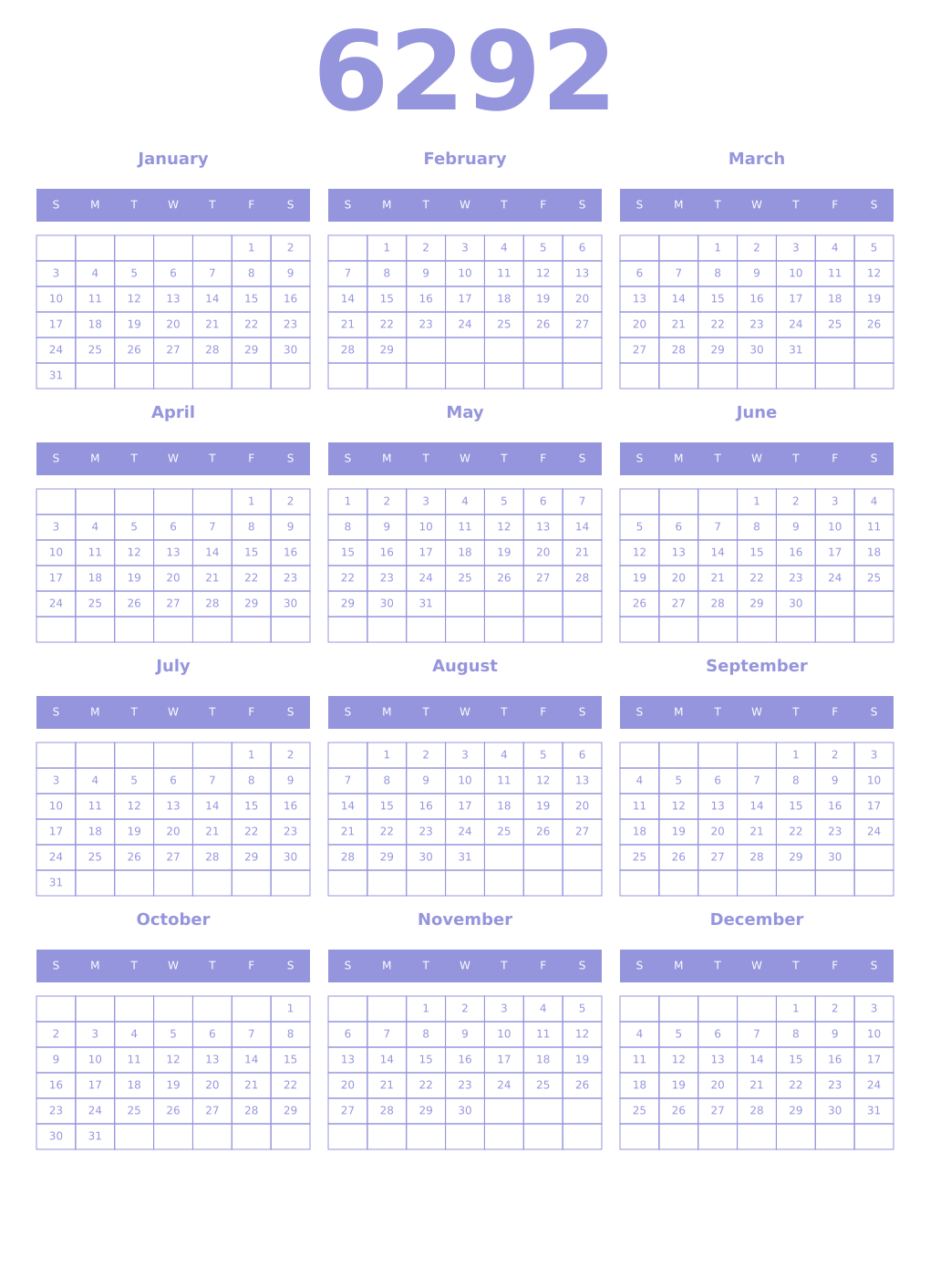 Printable 6292 Year Calendars periwinkle