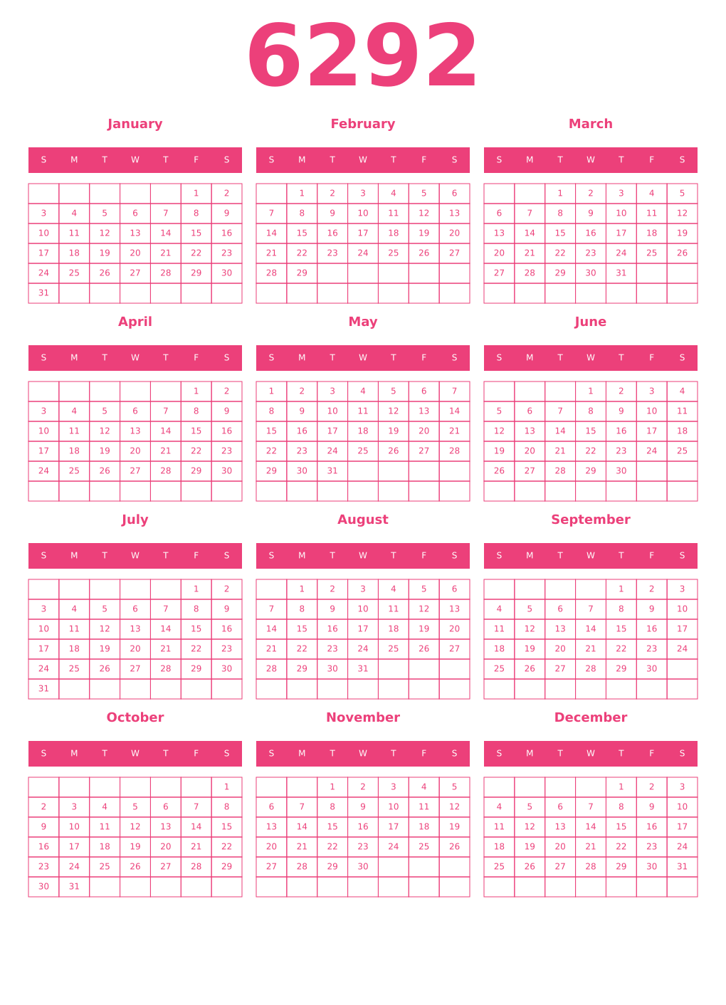 Printable 6292 Year Calendars pink