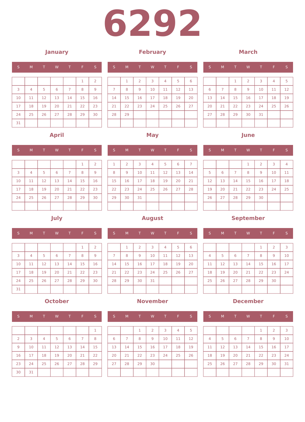 Printable 6292 Year Calendars puce