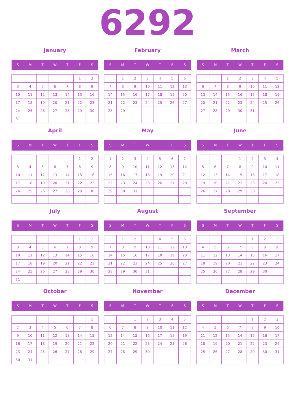Printable 6292 Year Calendars purple