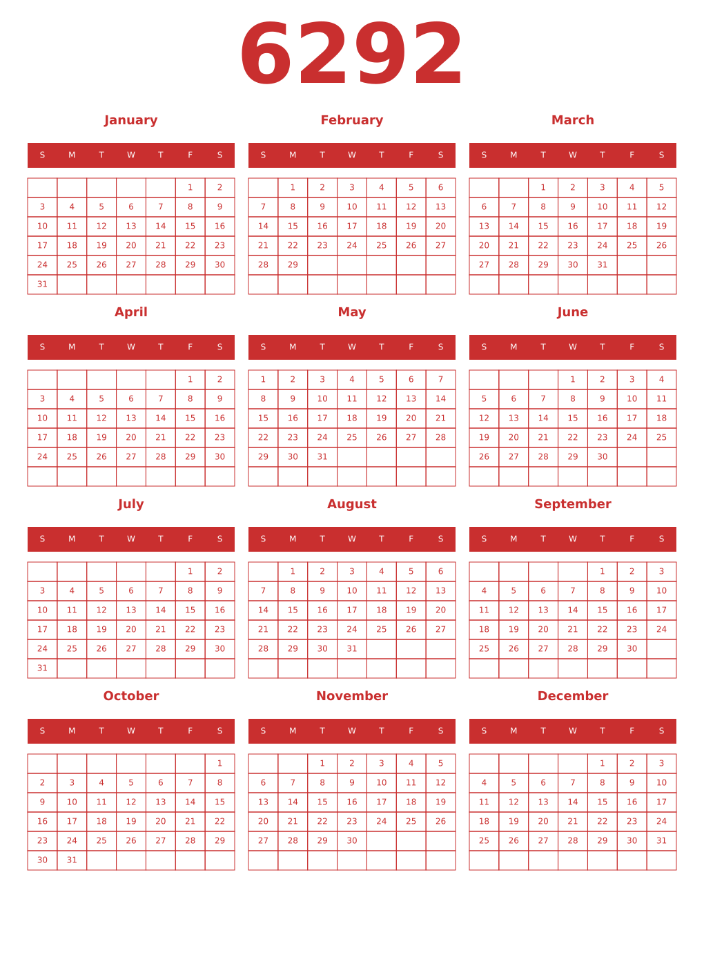 Printable 6292 Year Calendars red