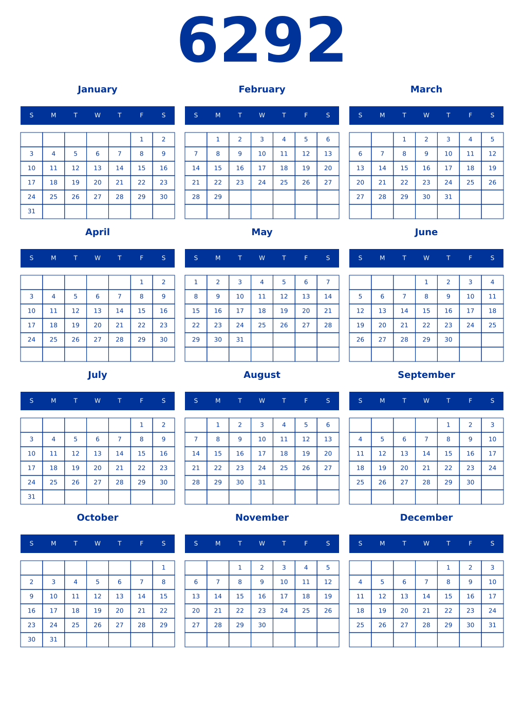 Printable 6292 Year Calendars smalt