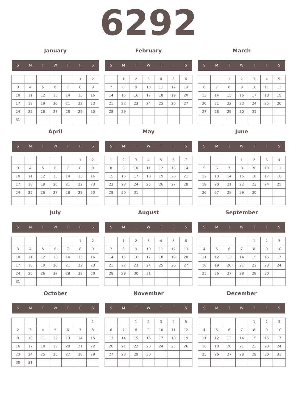 Printable 6292 Year Calendars wenge
