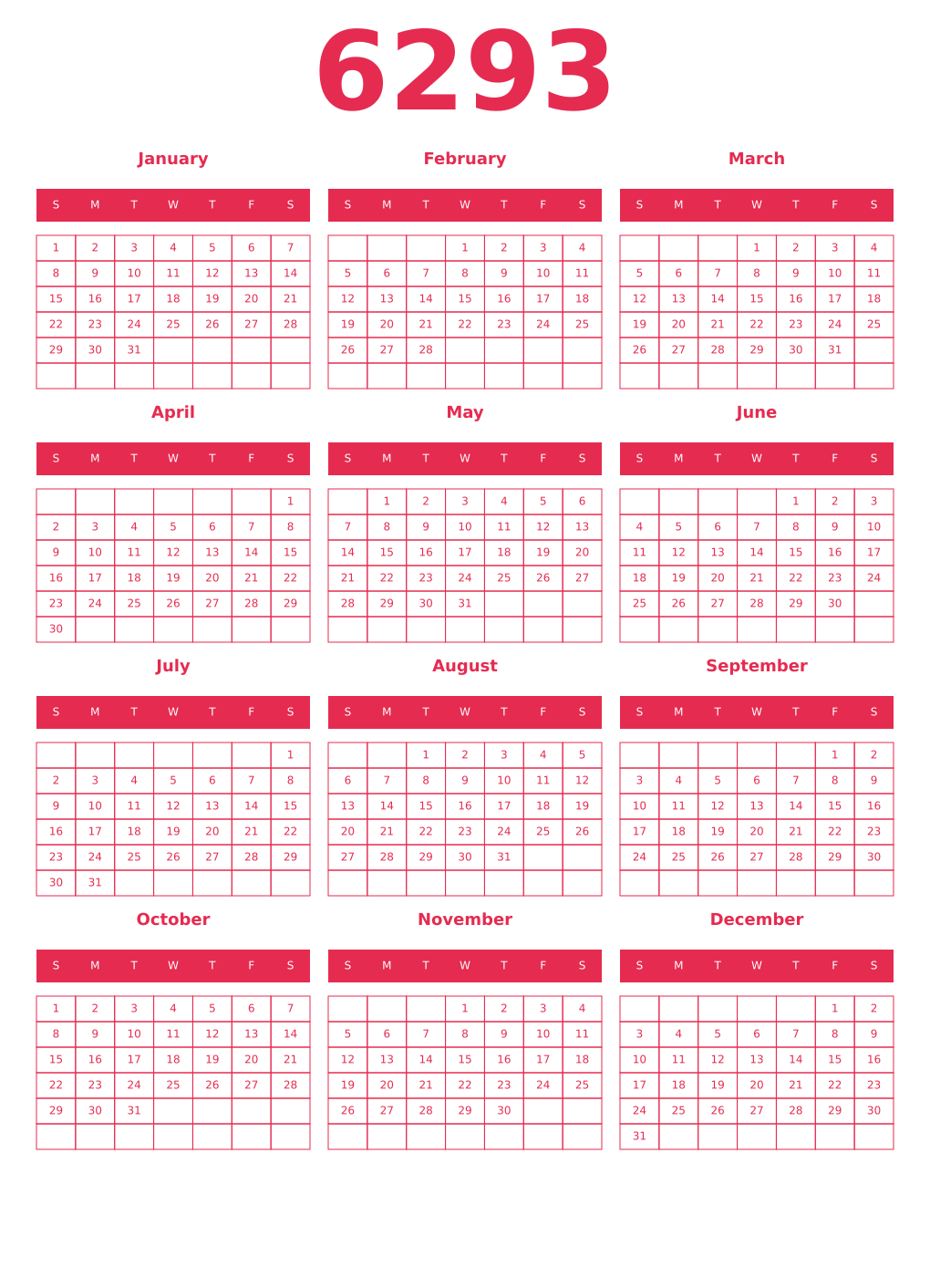 Printable 6293 Year Calendars amaranth
