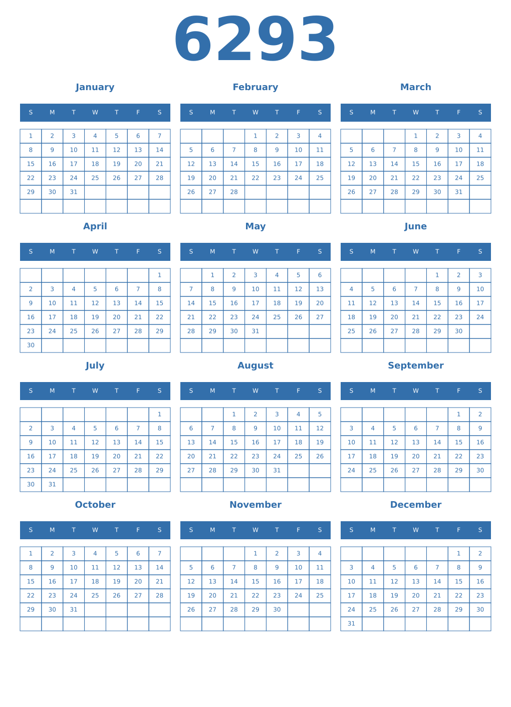 Printable 6293 Year Calendars blue