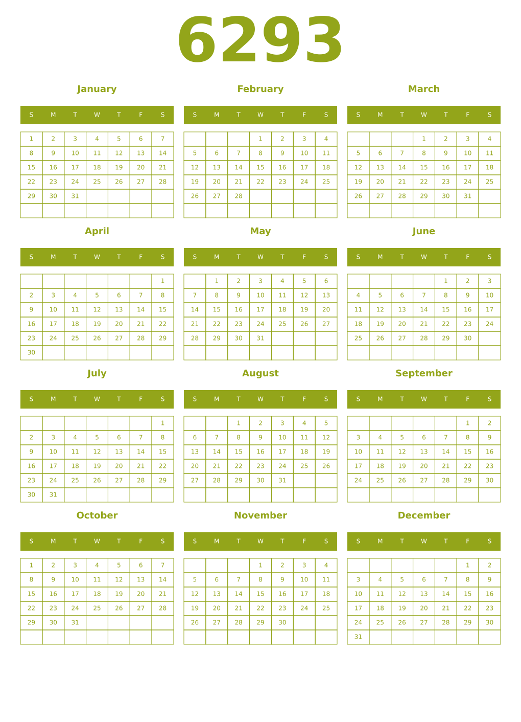 Printable 6293 Year Calendars chartreuse