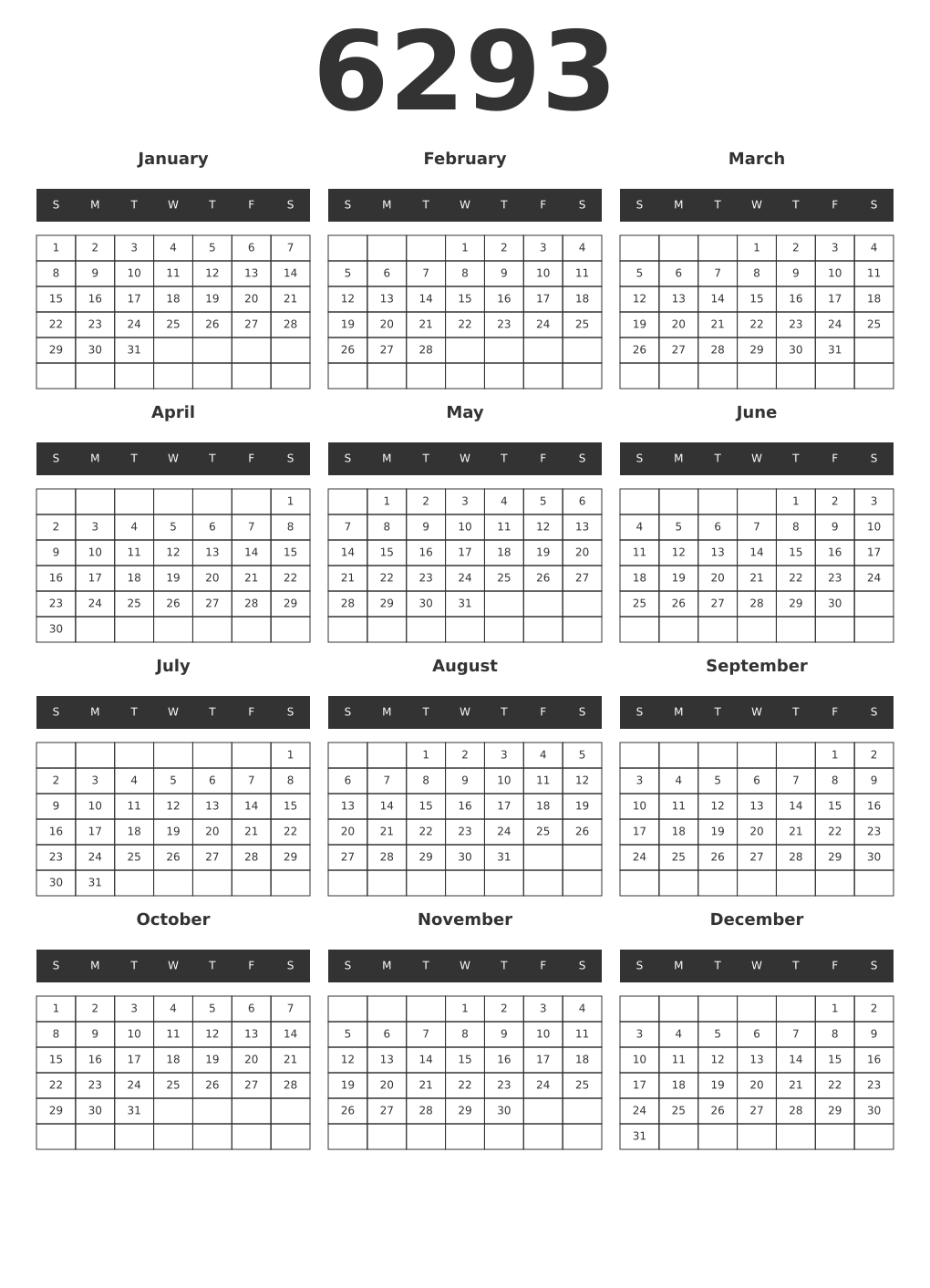Printable 6293 Year Calendars dark