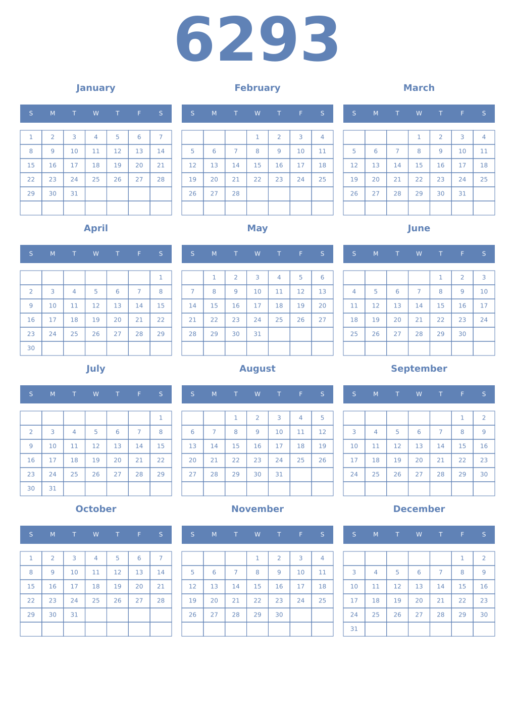 Printable 6293 Year Calendars glaucous