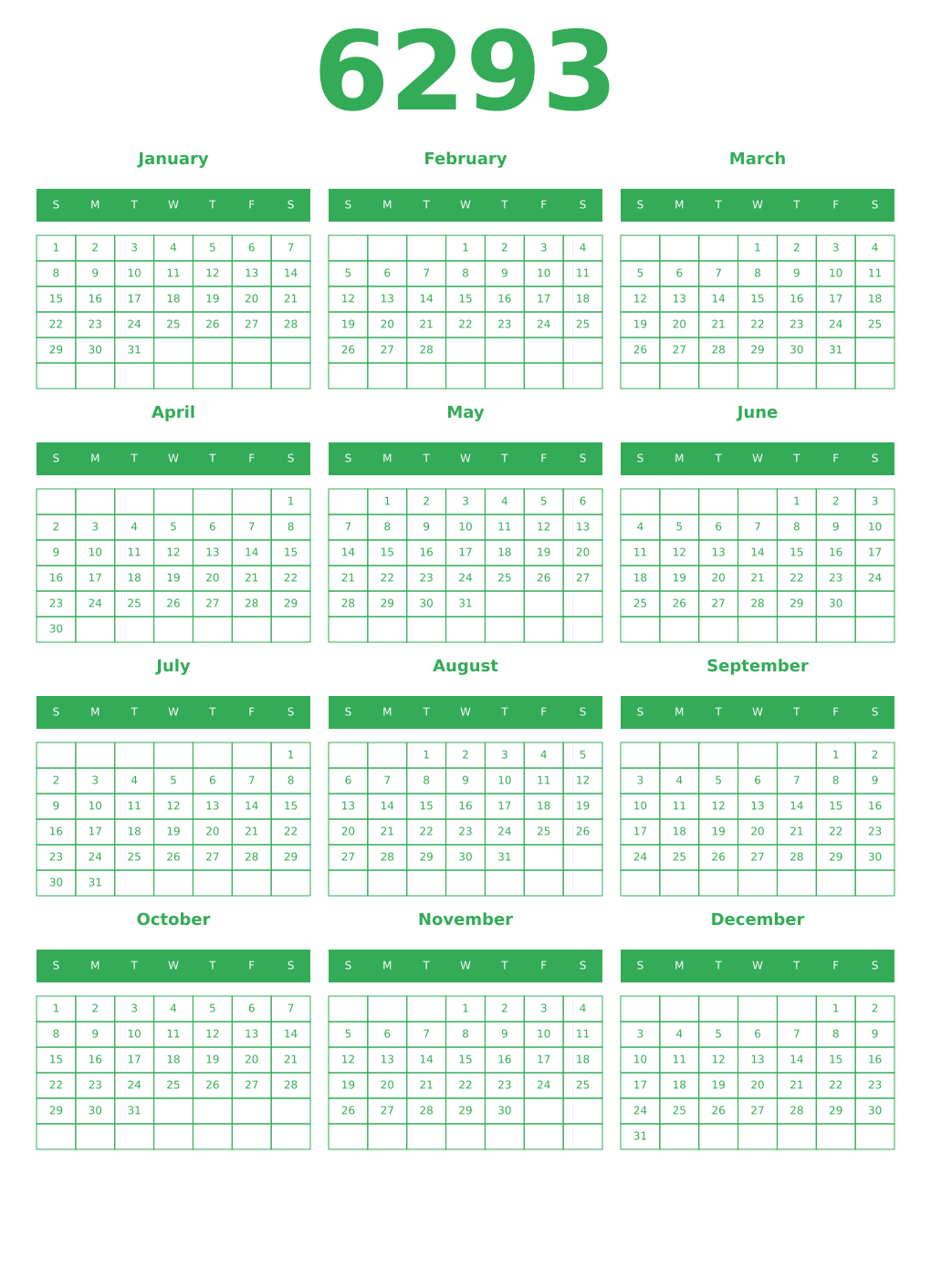 Printable 6293 Year Calendars green