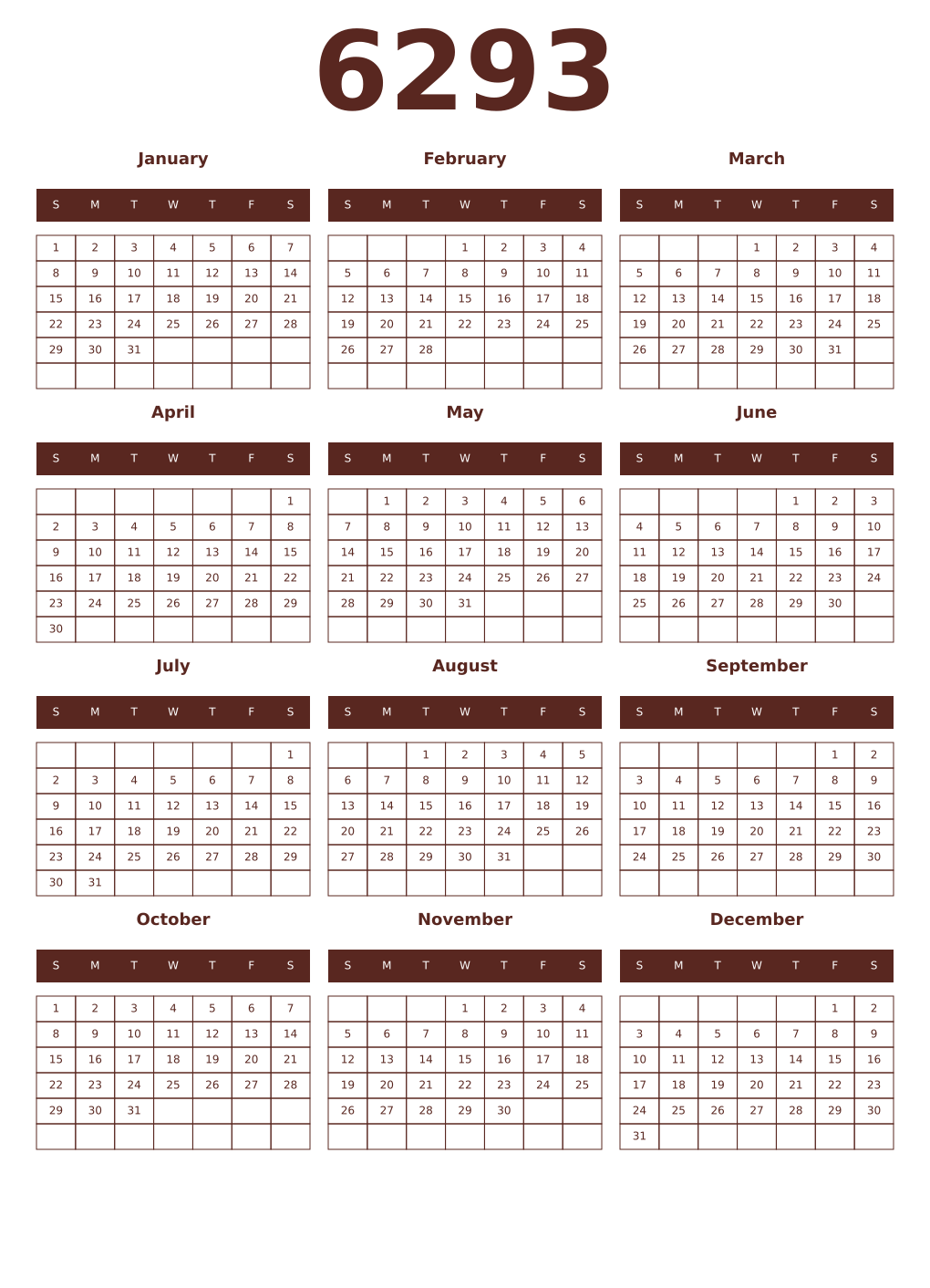 Printable 6293 Year Calendars mortuum