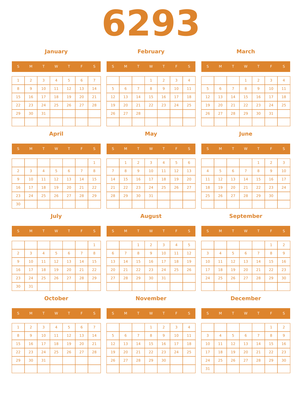 Printable 6293 Year Calendars orange