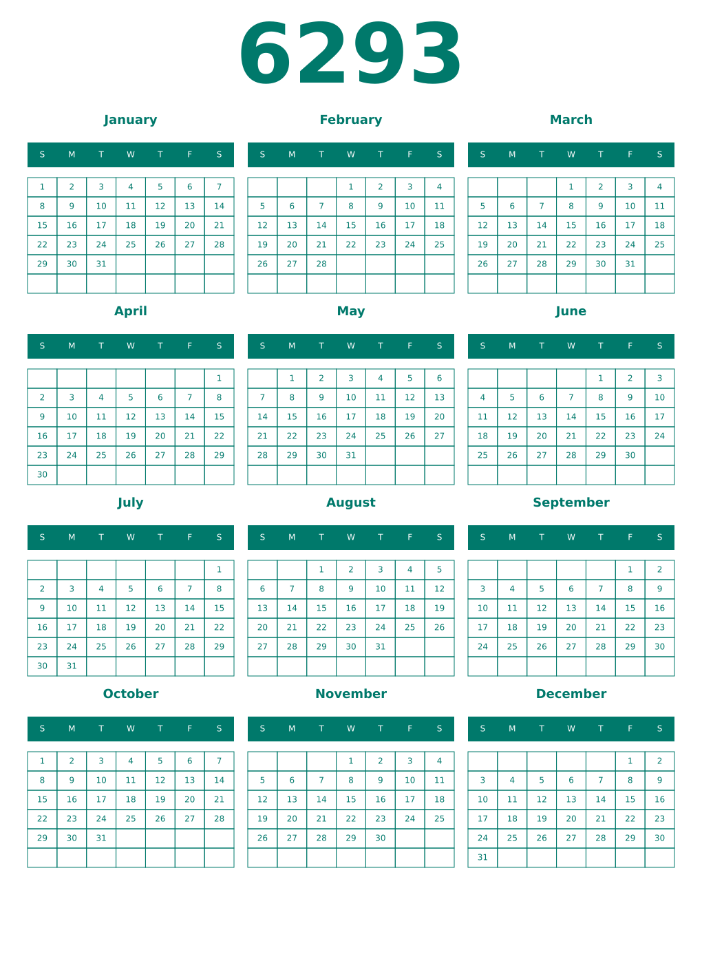 Printable 6293 Year Calendars pastel