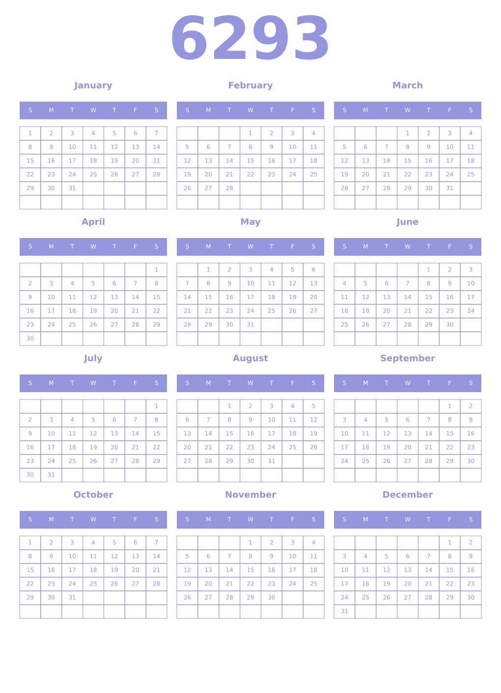 Printable 6293 Year Calendars periwinkle