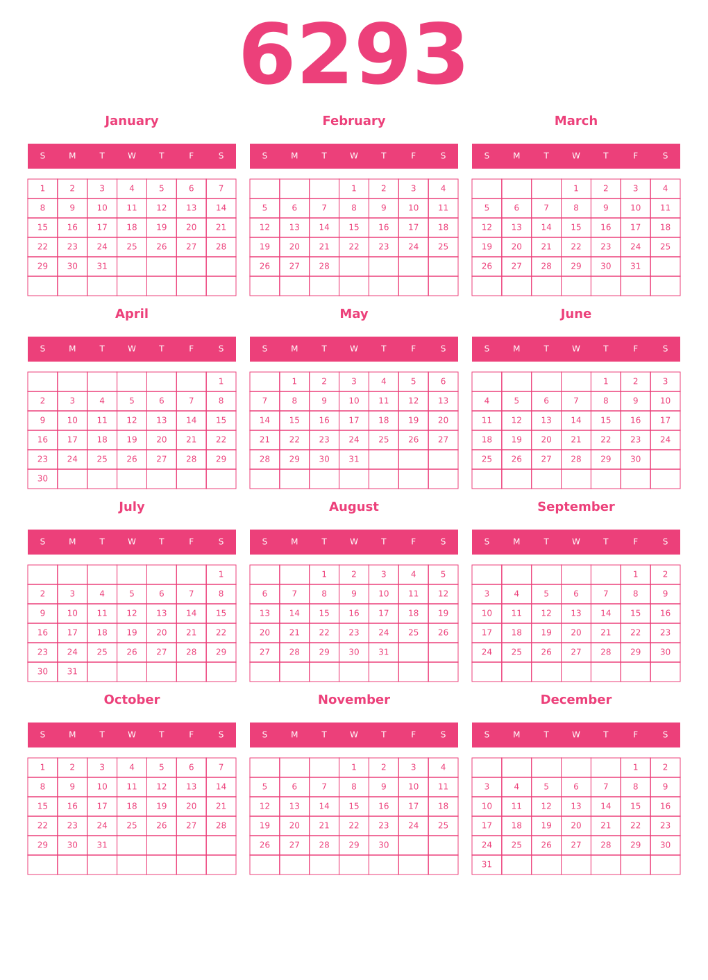 Printable 6293 Year Calendars pink