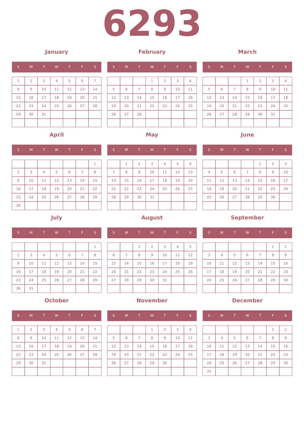 Printable 6293 Year Calendars puce