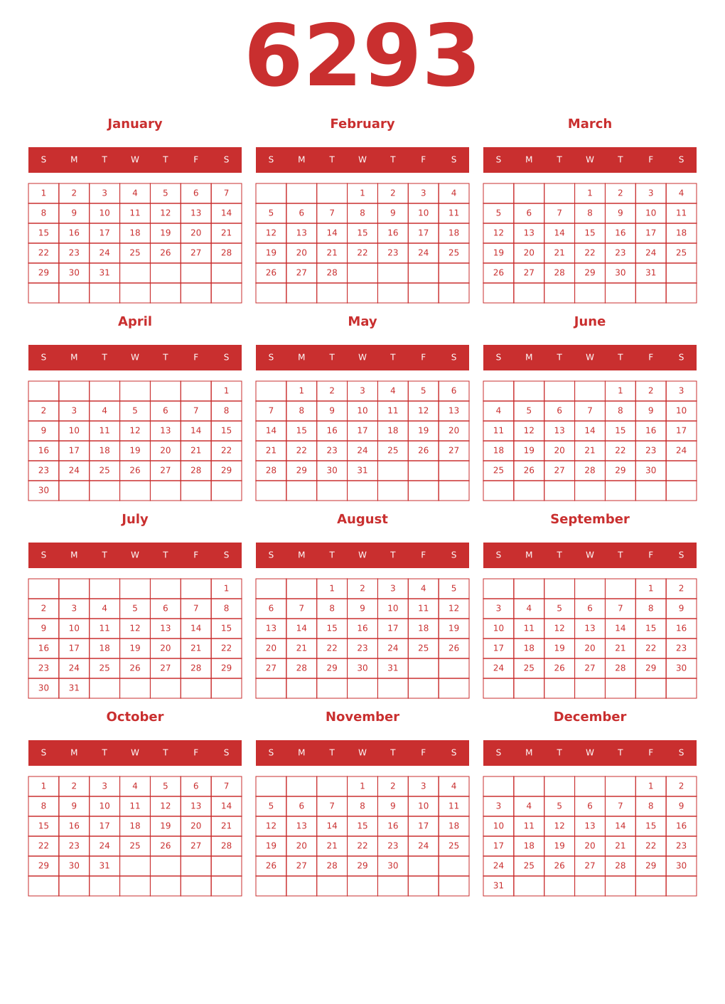 Printable 6293 Year Calendars red