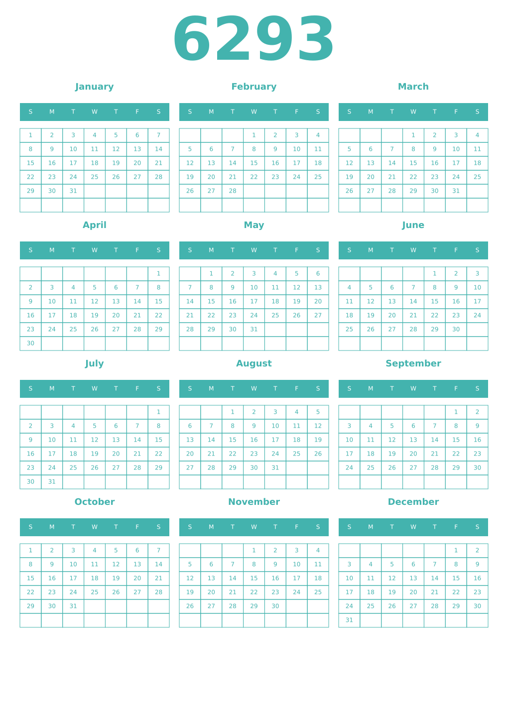 Printable 6293 Year Calendars verdigris