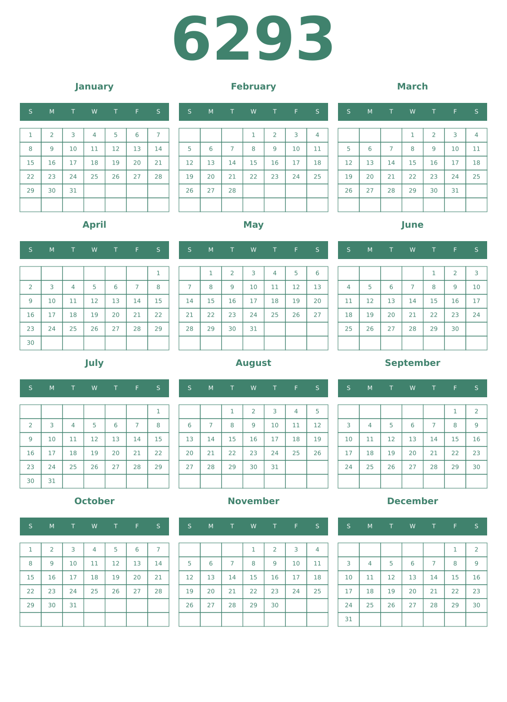 Printable 6293 Year Calendars viridian