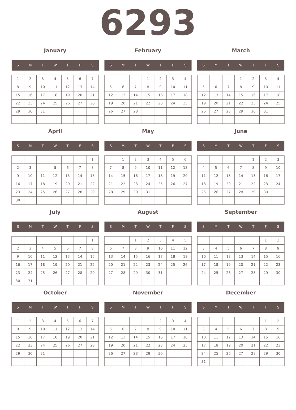 Printable 6293 Year Calendars wenge