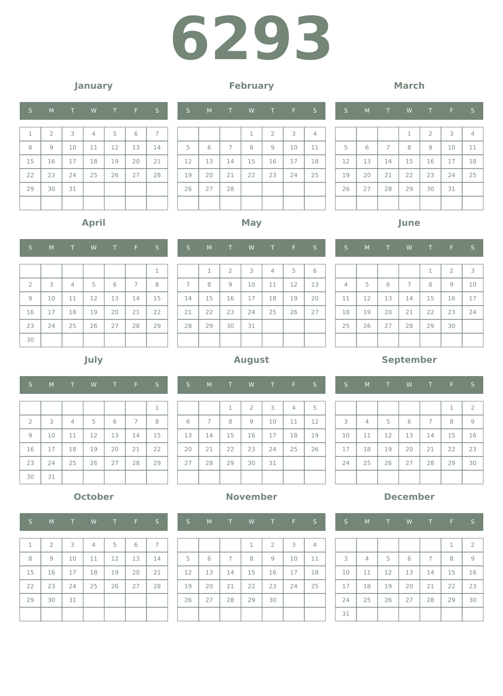 Printable 6293 Year Calendars xanadu