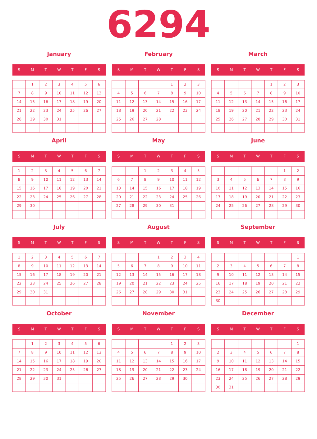 Printable 6294 Year Calendars amaranth