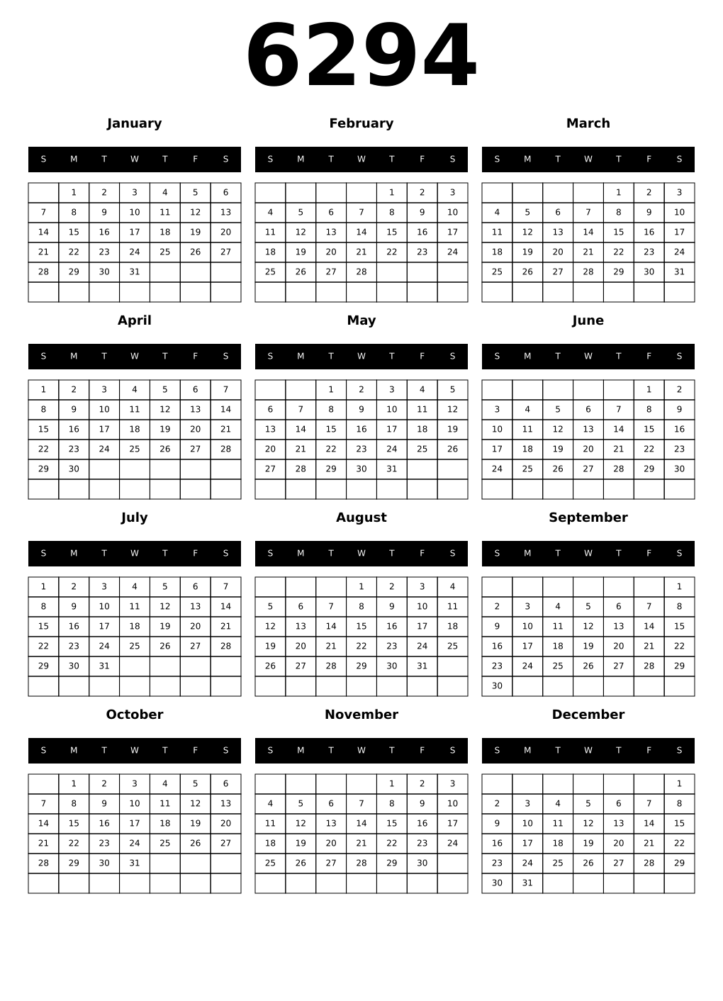Printable 6294 Year Calendars black