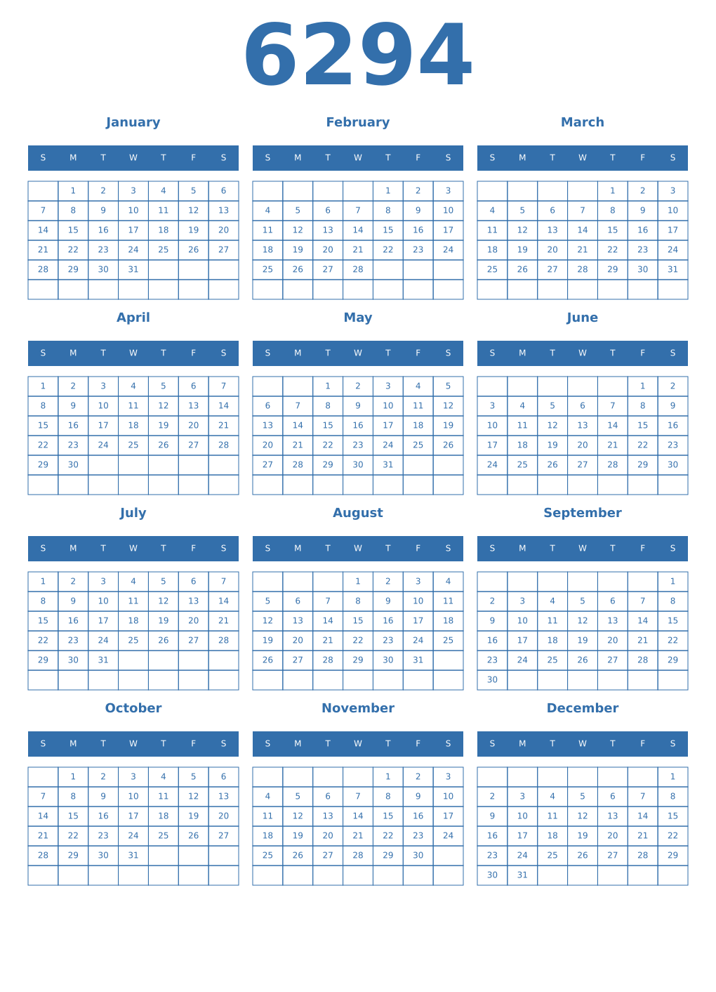 Printable 6294 Year Calendars blue