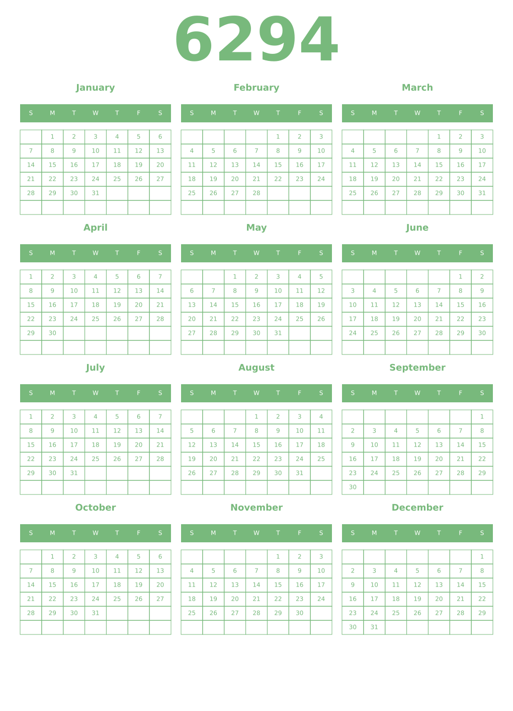 Printable 6294 Year Calendars celadon
