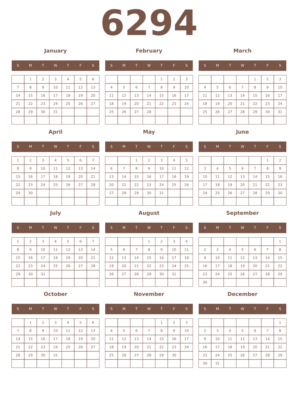 Printable 6294 Year Calendars coffe