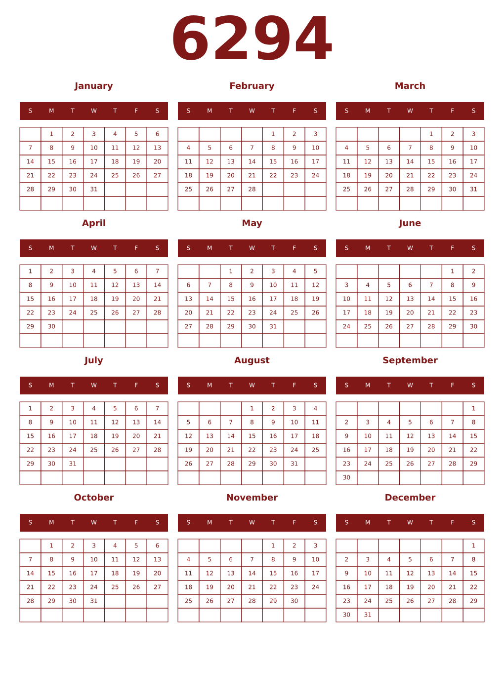 Printable 6294 Year Calendars falu