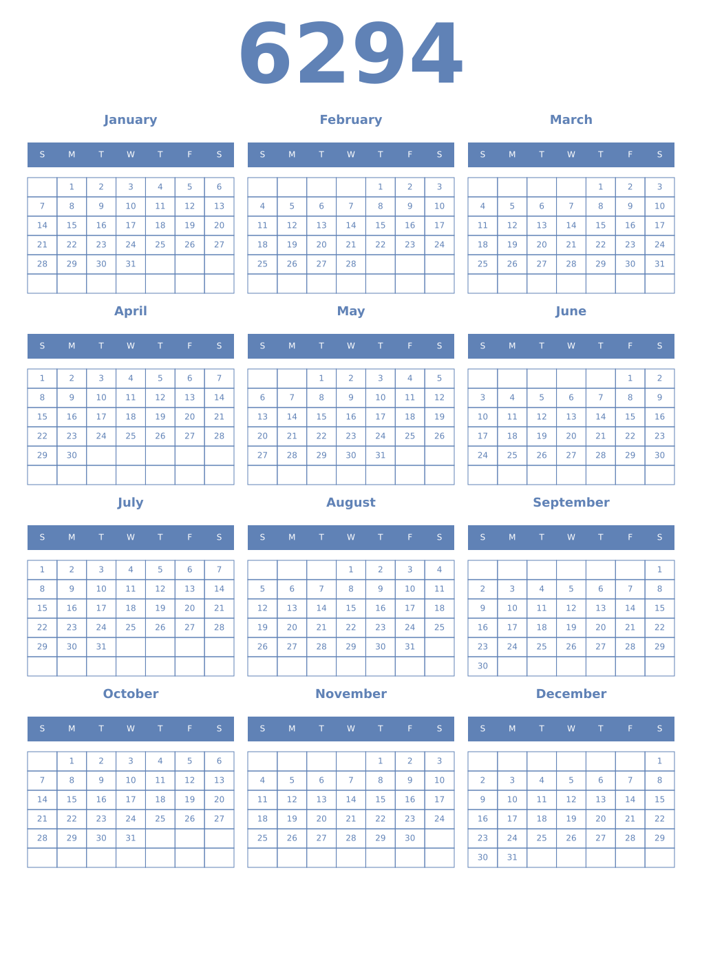 Printable 6294 Year Calendars glaucous