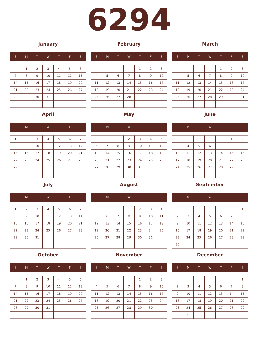 Printable 6294 Year Calendars mortuum