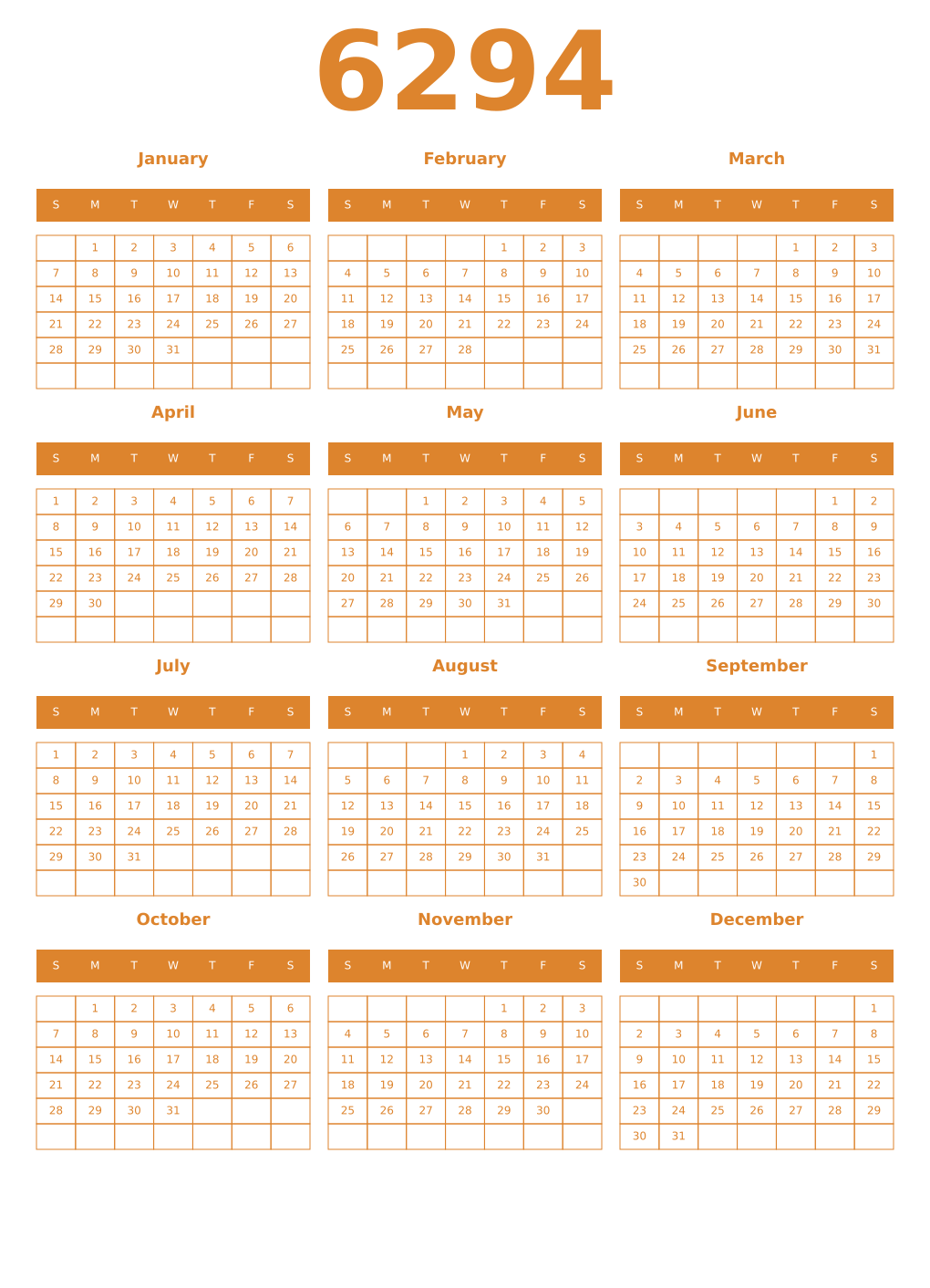 Printable 6294 Year Calendars orange