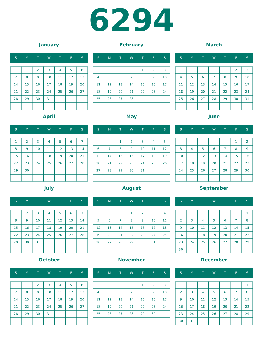 Printable 6294 Year Calendars pastel