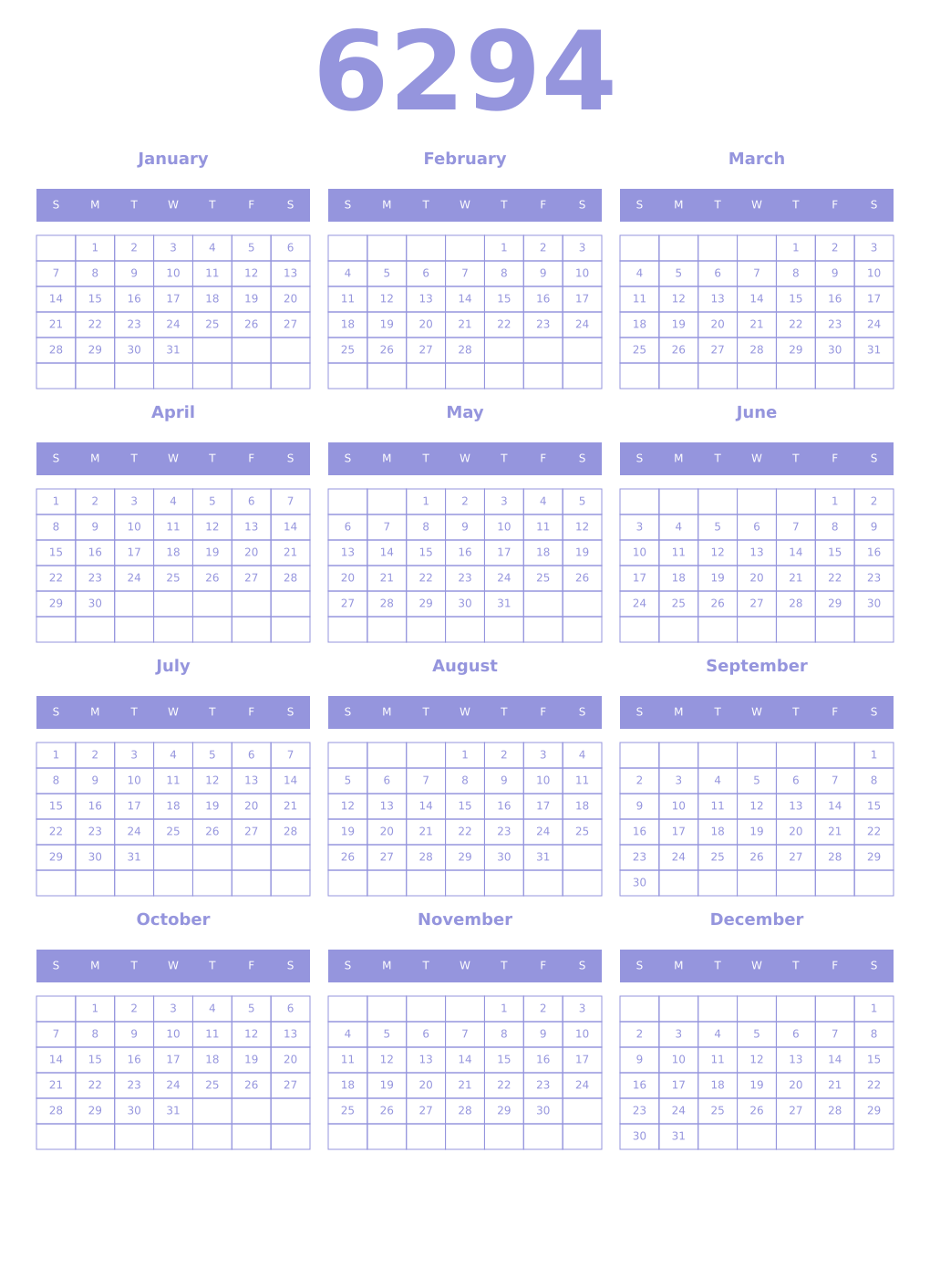 Printable 6294 Year Calendars periwinkle