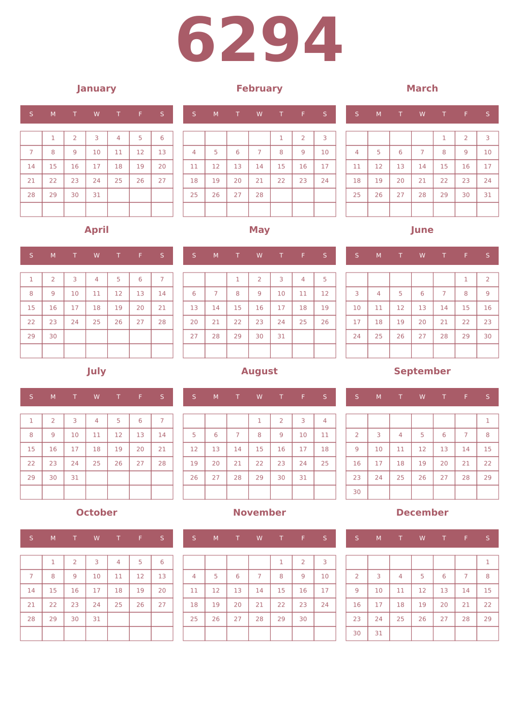 Printable 6294 Year Calendars puce