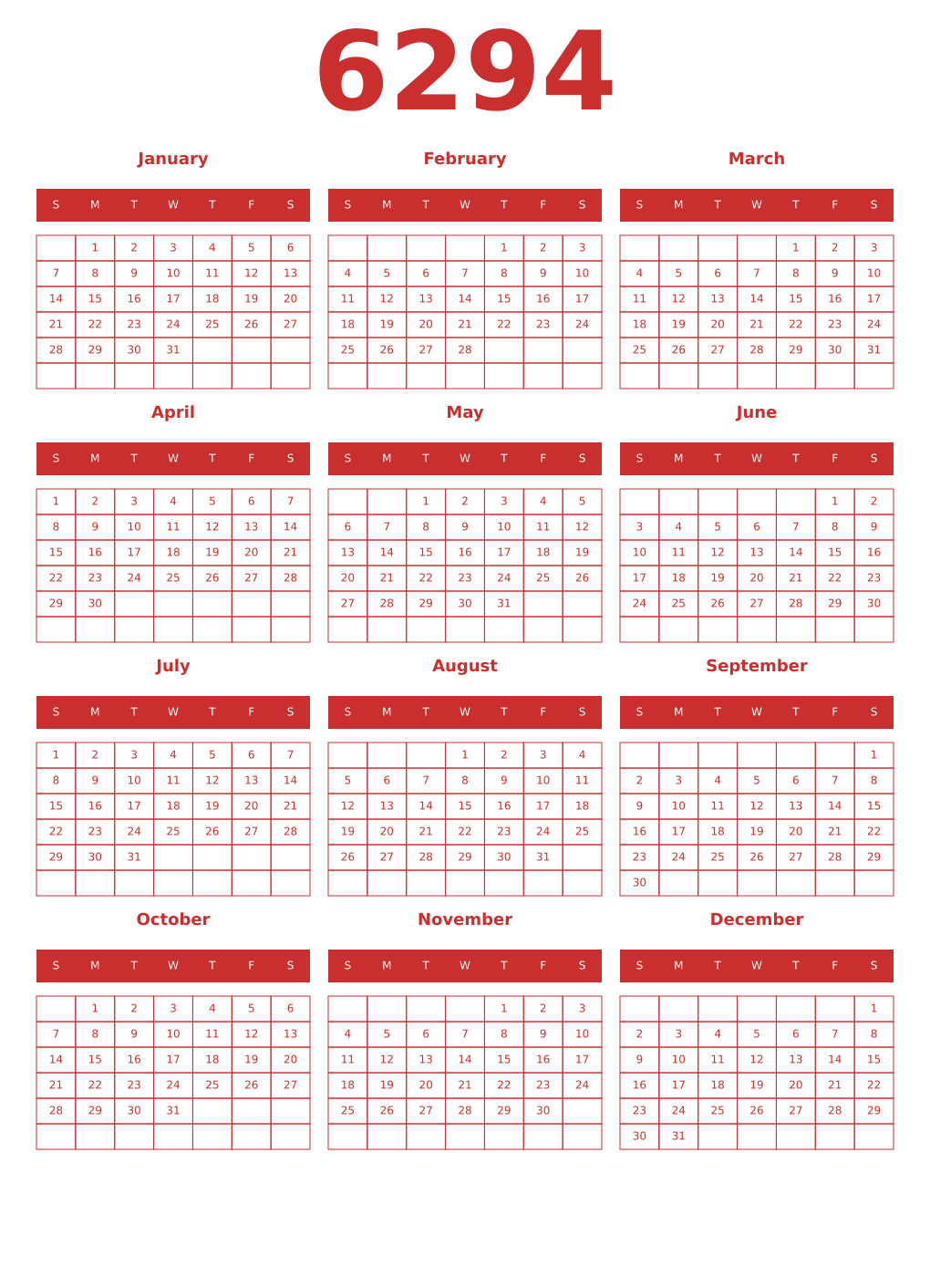 Printable 6294 Year Calendars red