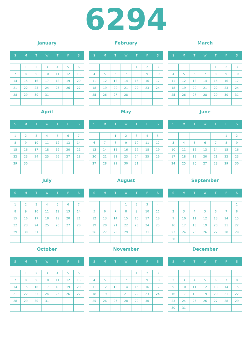 Printable 6294 Year Calendars verdigris