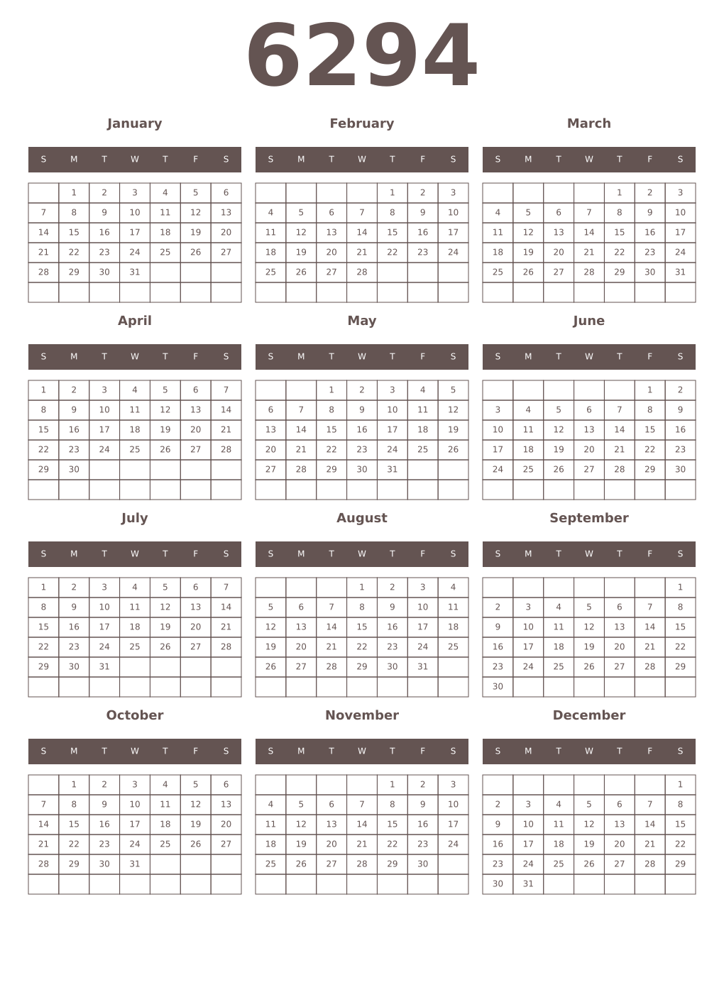 Printable 6294 Year Calendars wenge