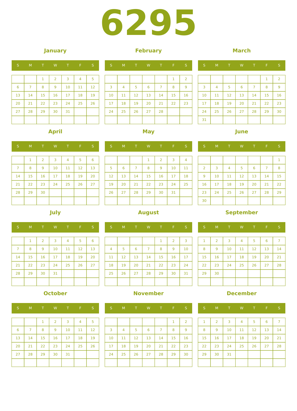 Printable 6295 Year Calendars chartreuse