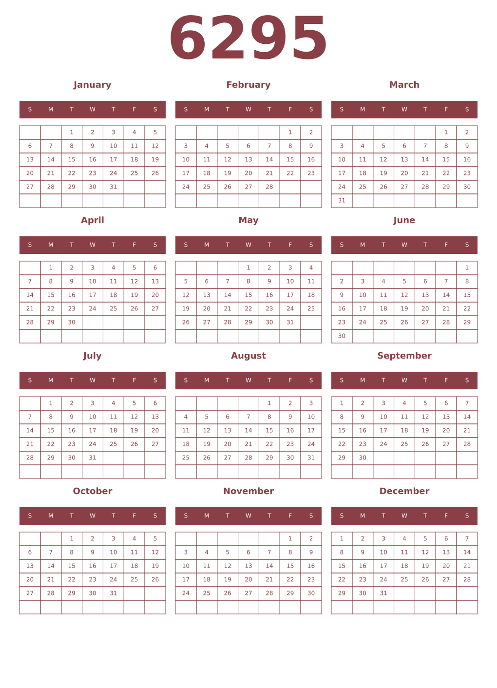 Printable 6295 Year Calendars cordovan