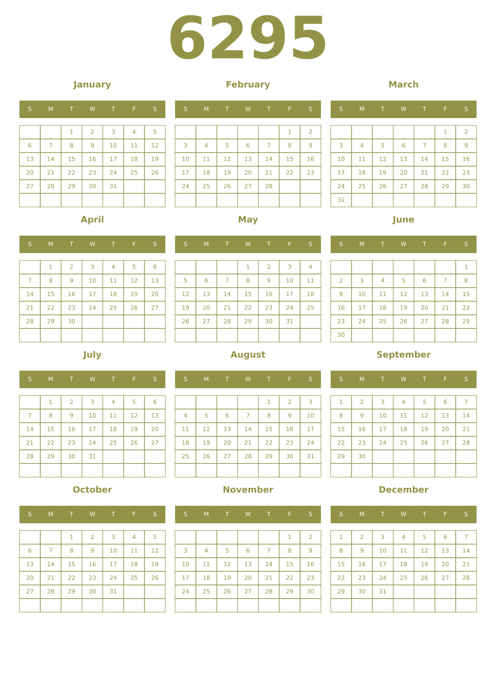 Printable 6295 Year Calendars eburnean