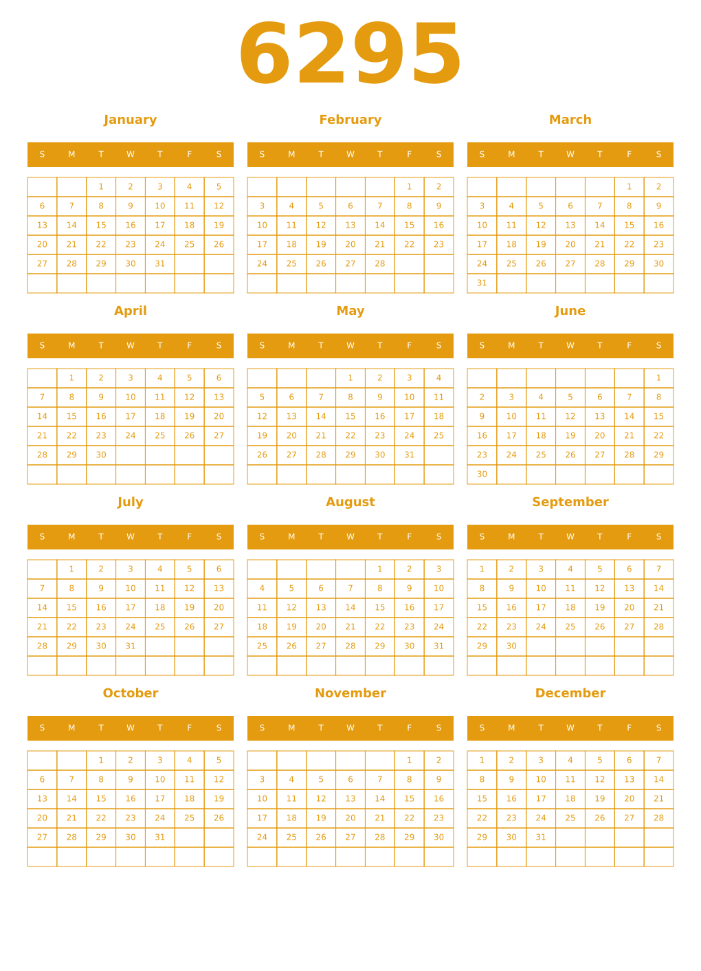 Printable 6295 Year Calendars gamboge