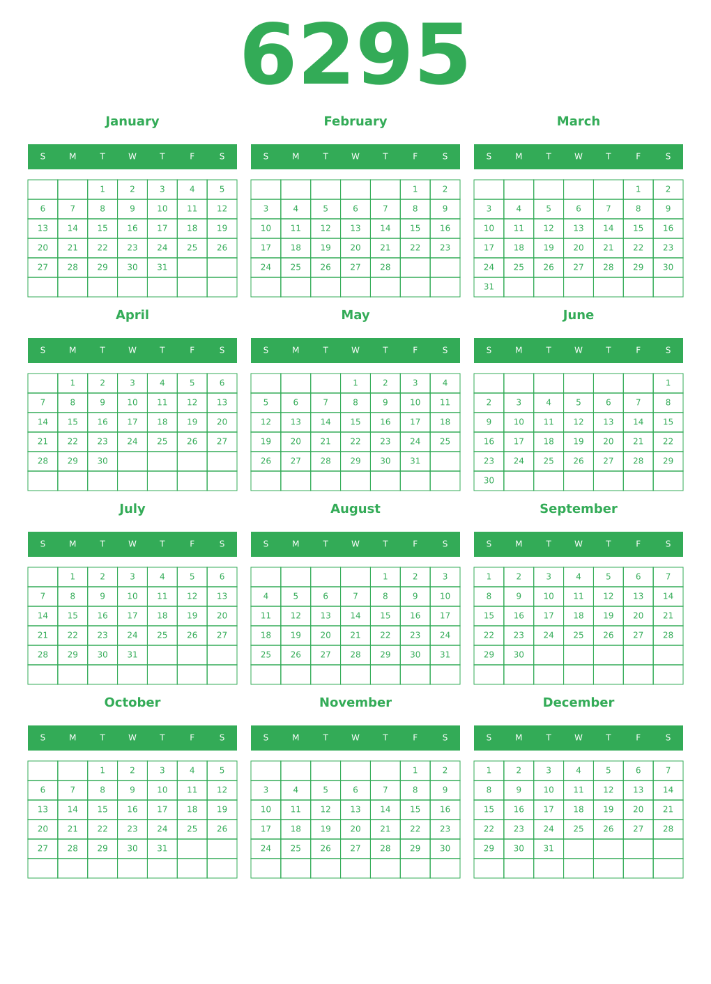 Printable 6295 Year Calendars green