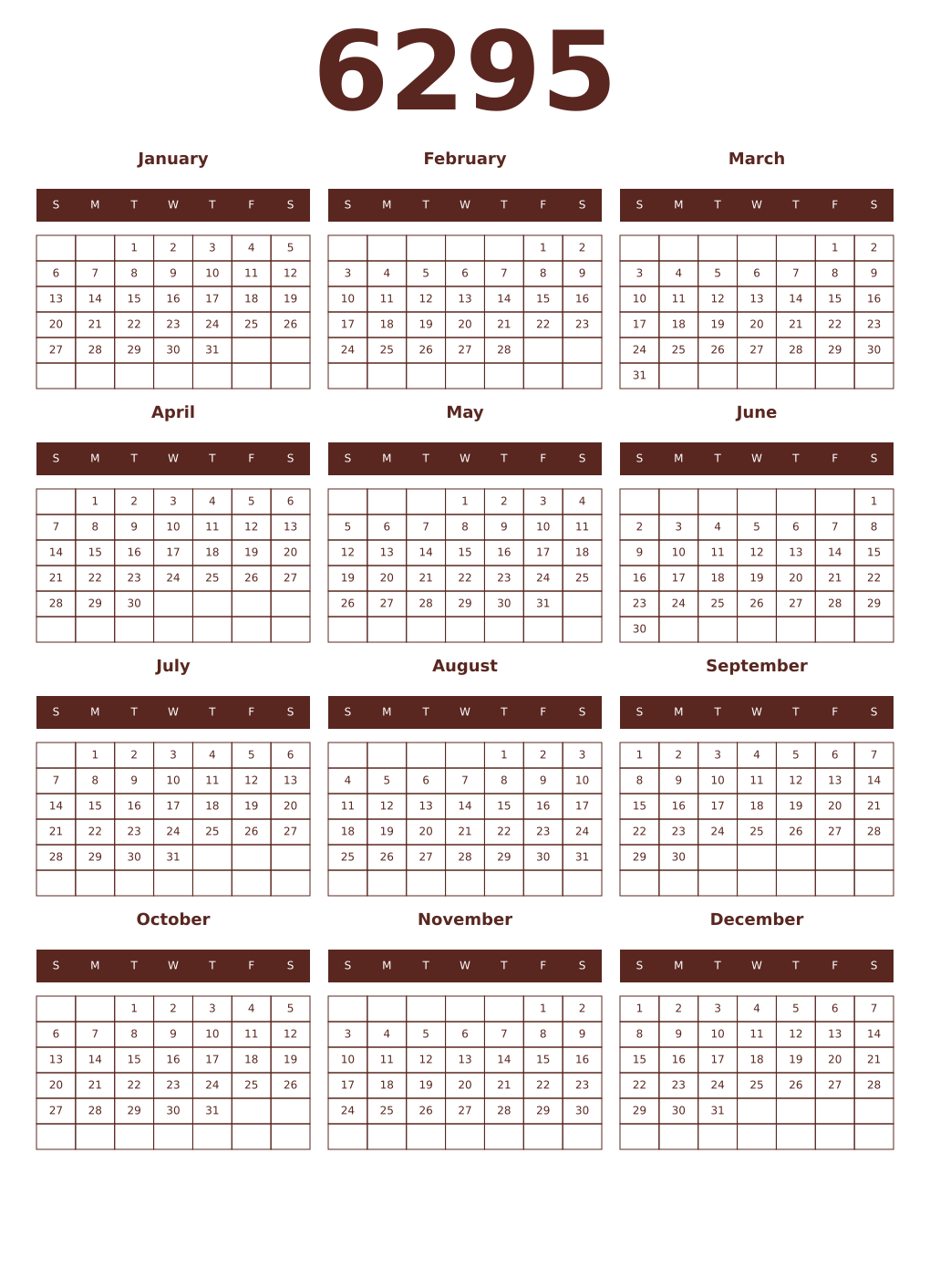 Printable 6295 Year Calendars mortuum