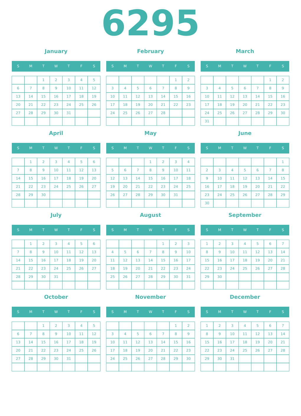 Printable 6295 Year Calendars verdigris